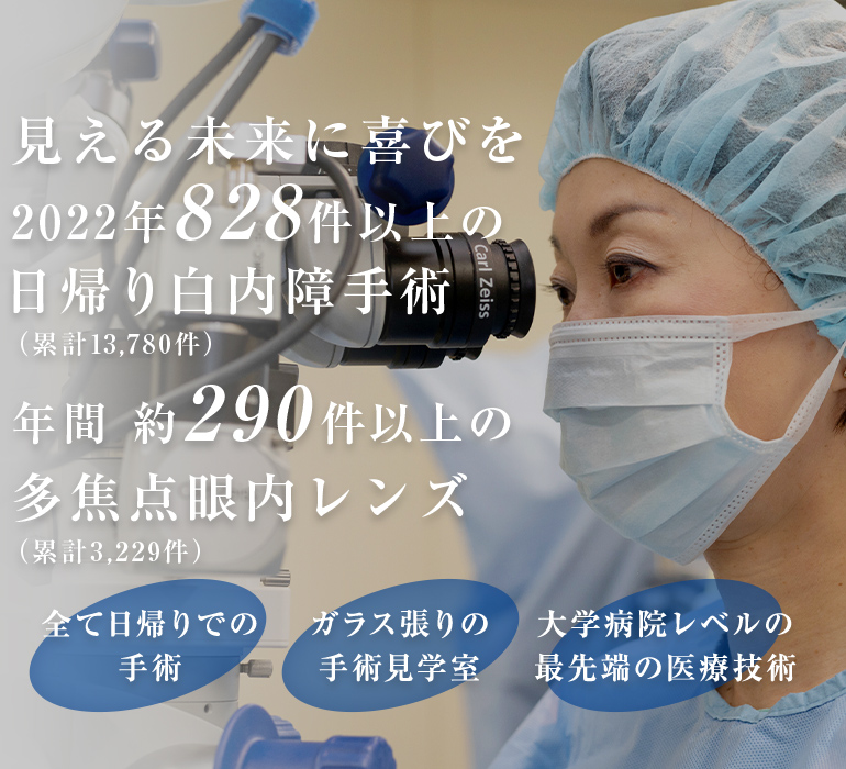 見える未来に喜びを 2022年 828件以上の
日帰り白内障手術(累計13,780件)年間 約290件以上の多焦点眼内レンズ(累計3,229件)
