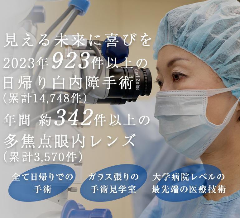 見える未来に喜びを 2022年　828件以上の
日帰り白内障手術（累計13,780件）年間　約290件以上の多焦点眼内レンズ（累計3,229件）